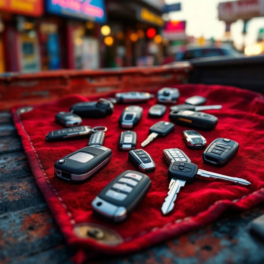 Variedad de llaves y equipamiento profesional de cerrajería automotriz